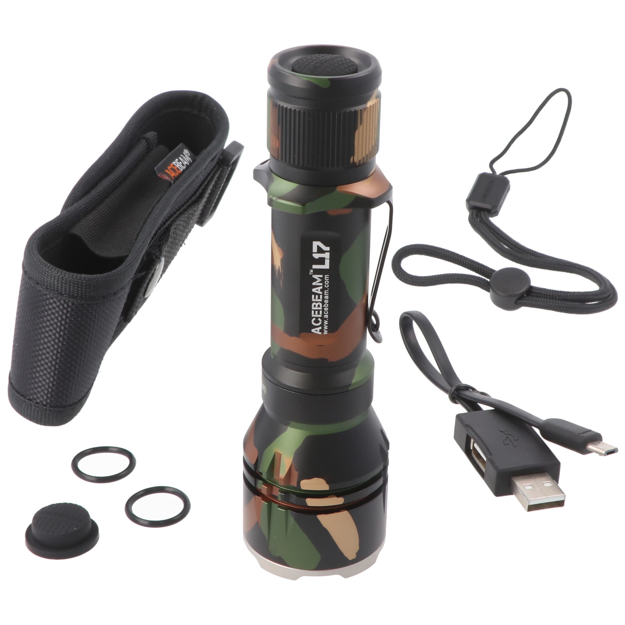 Lampe de poche LED AceBeam L17 Camo dans la couleur camouflage tendance avec un maximum de 1400 lumens, jusqu'à 802 mètres de portée