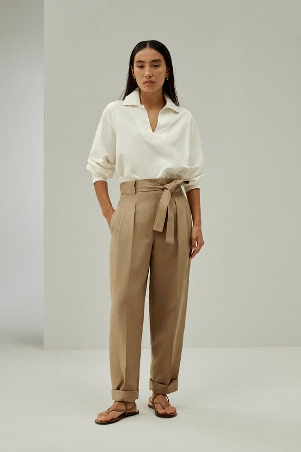 LILYSILK Pantalon Fuselé En Mélange Soie-Lin Pantalon Fuselé À Revers Roulés Mélange Soie-Lin Texture Luxueuse Style Moderne Chêne 40