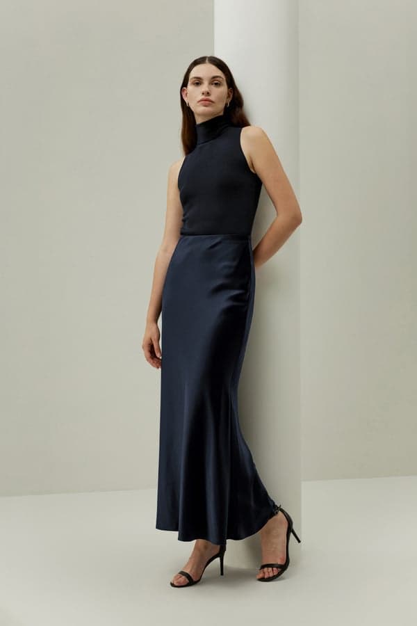 LILYSILK Jupe Demi-Longue En Soie Élégante Femme Élégance Sans Effort Soie Charmeuse 100 % Texture Luxueuse Style Moderne Bleu Minuit 38