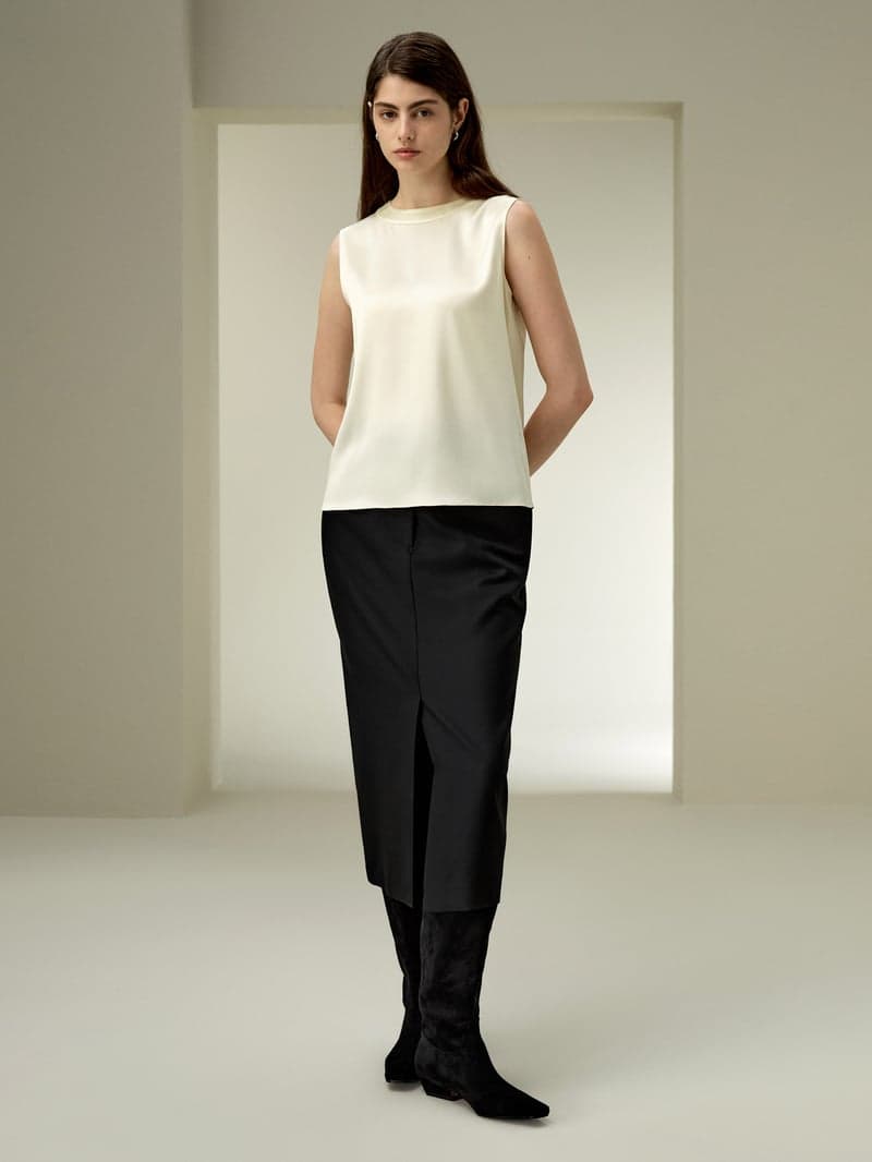LILYSILK Haut En Soie Col Rond Sans Manches Style Moderne Soie Charmeuse Double Face Simple Et Classique Texture Luxueuse Lilyblanc Xs