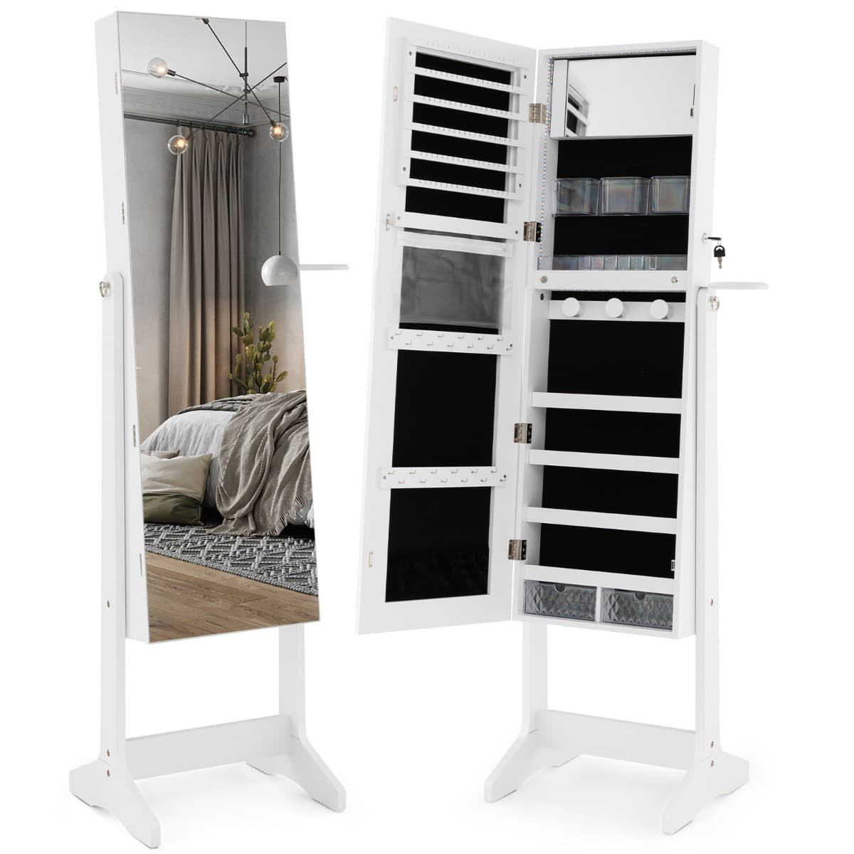 Armoire à Bijoux sur Pied avec Miroir Pleine Longueur LED Blanc