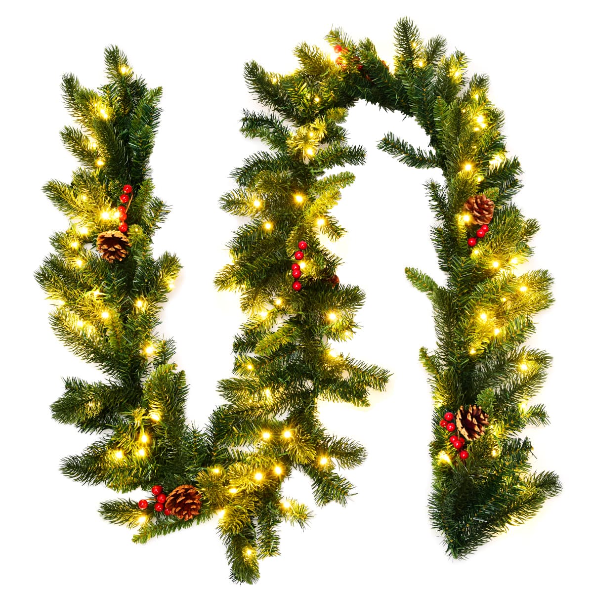 CostwayGuirlande de Noël de 270 cm, avec 100 lumières LED et Baies rouges Pré-installées et Minuterie