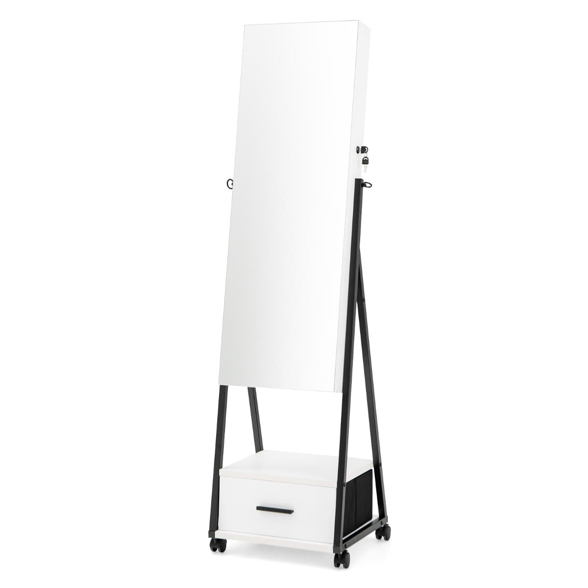 Armoire à Bijoux à Roulettes avec Miroir et Tiroir 9 Compartiments Porte Verrouillable Blanc 42 x 38