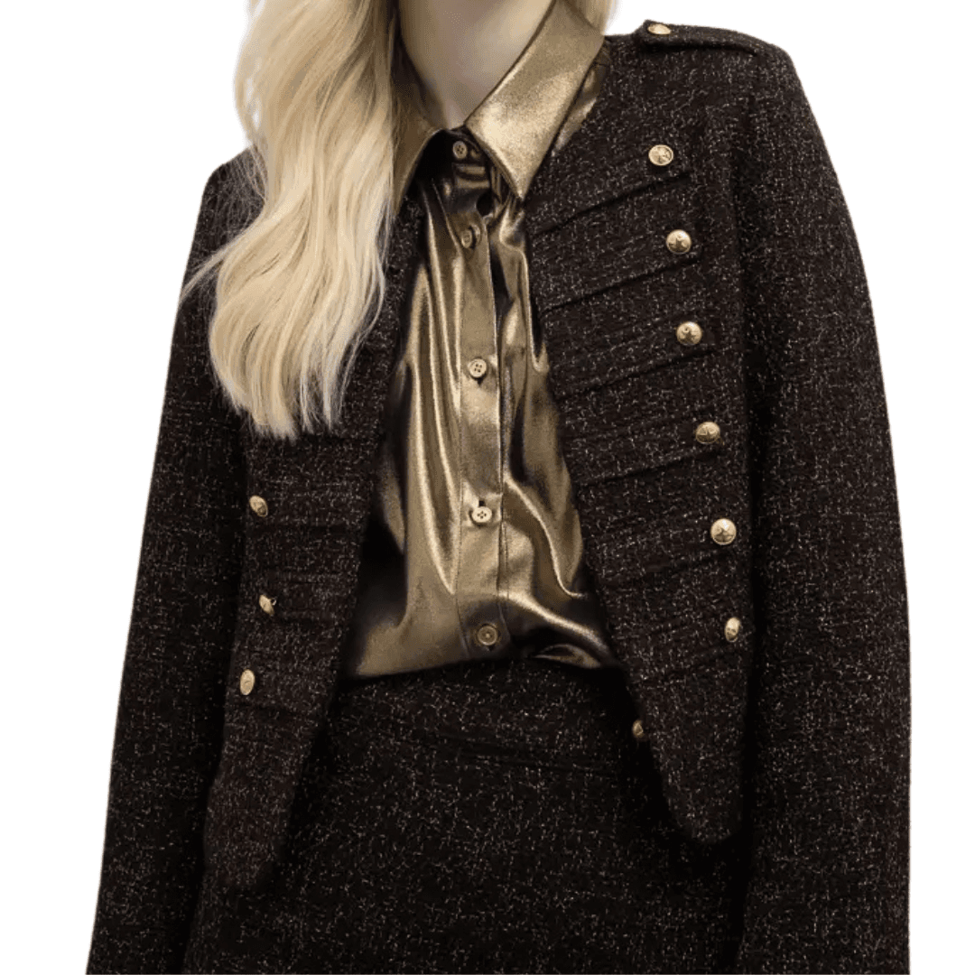 Veste de style militaire en tweed lurex Modele vendu avec col rond et boutons dores