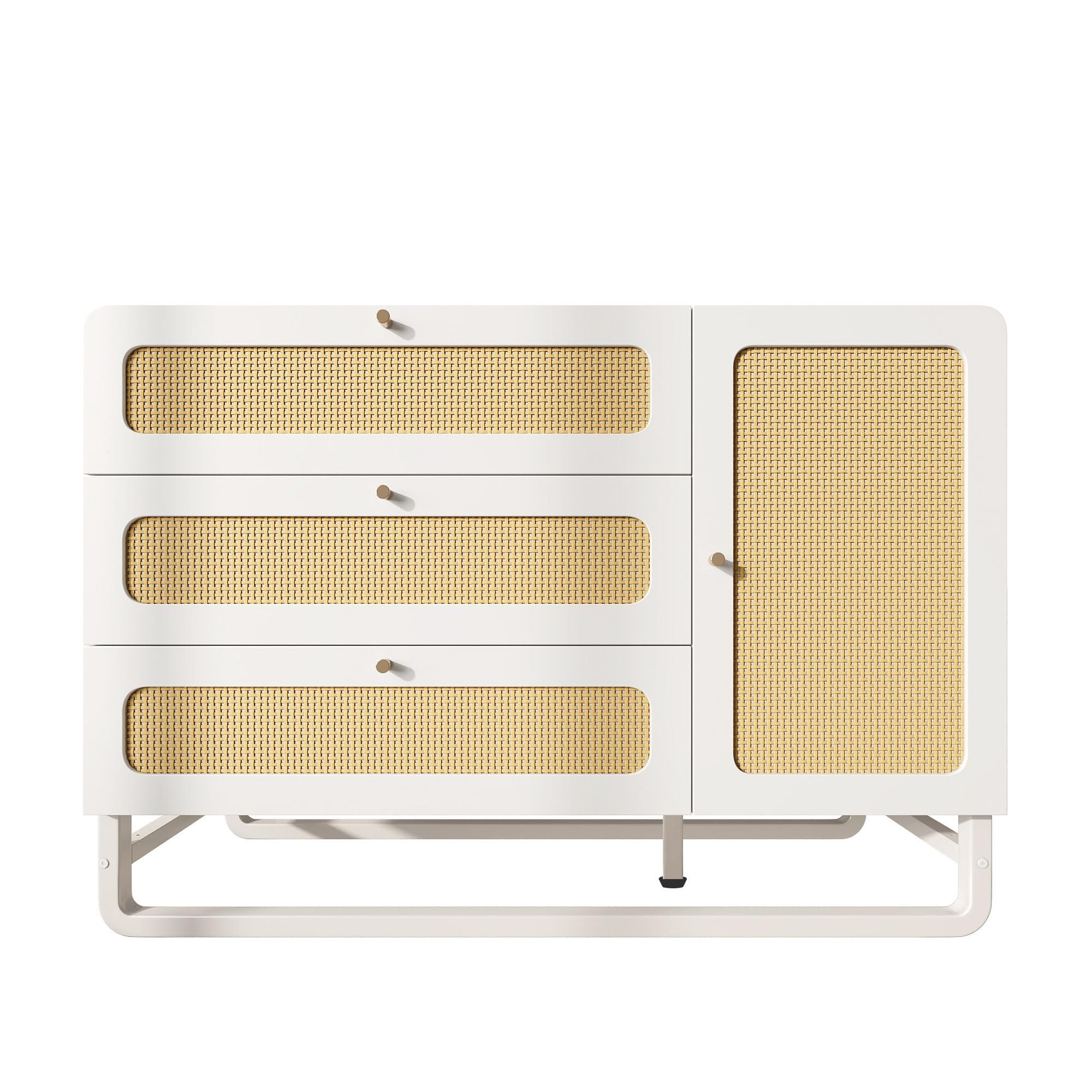 Commode style campêtre avec rotin et poignées dorées, 3 tiroirs et 1 porte, 120x40x85 cm, Blanc