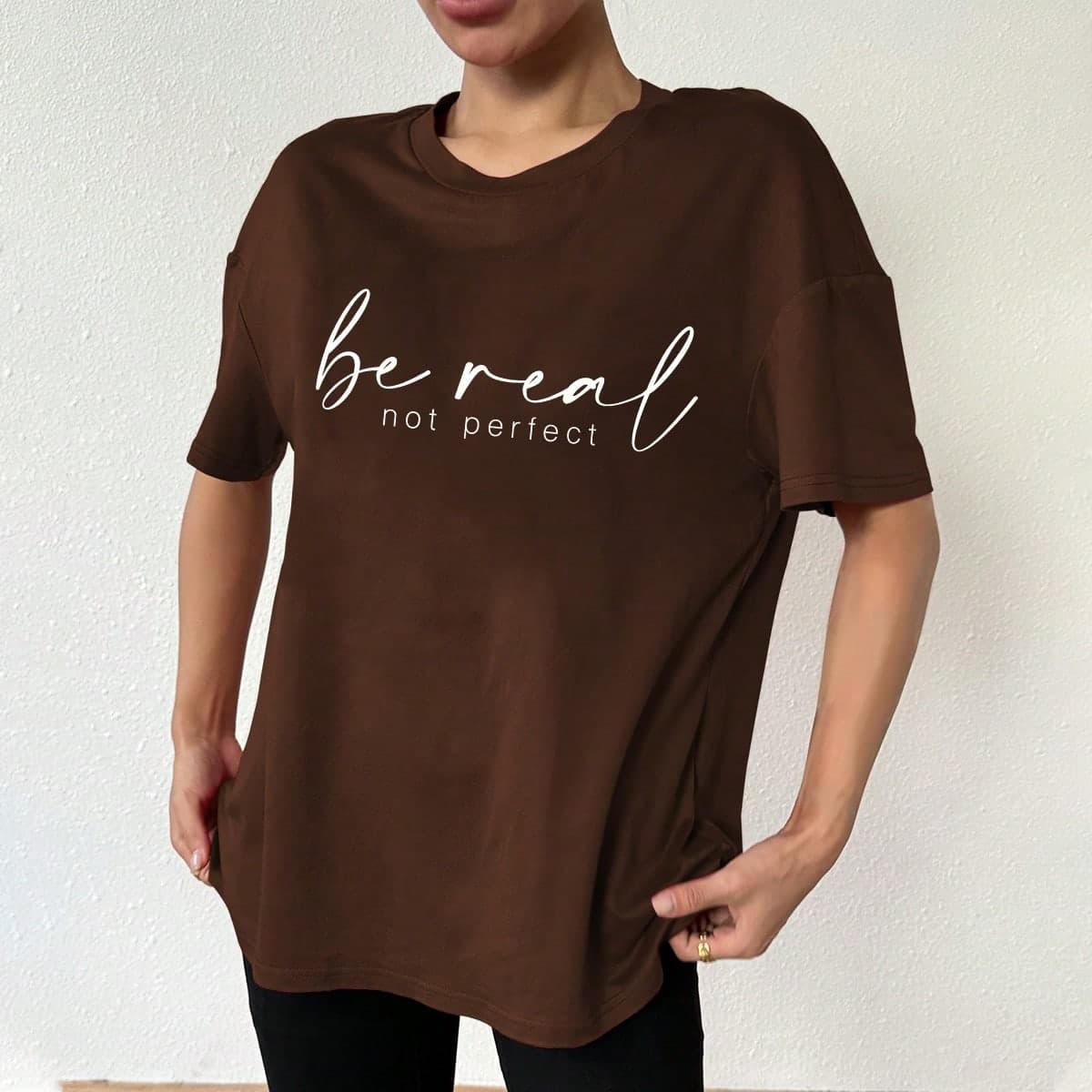 T-shirt Ample Pour Femme Avec Épaules Tombantes Et Imprimé De Lettres Basiques Surdimensionné
