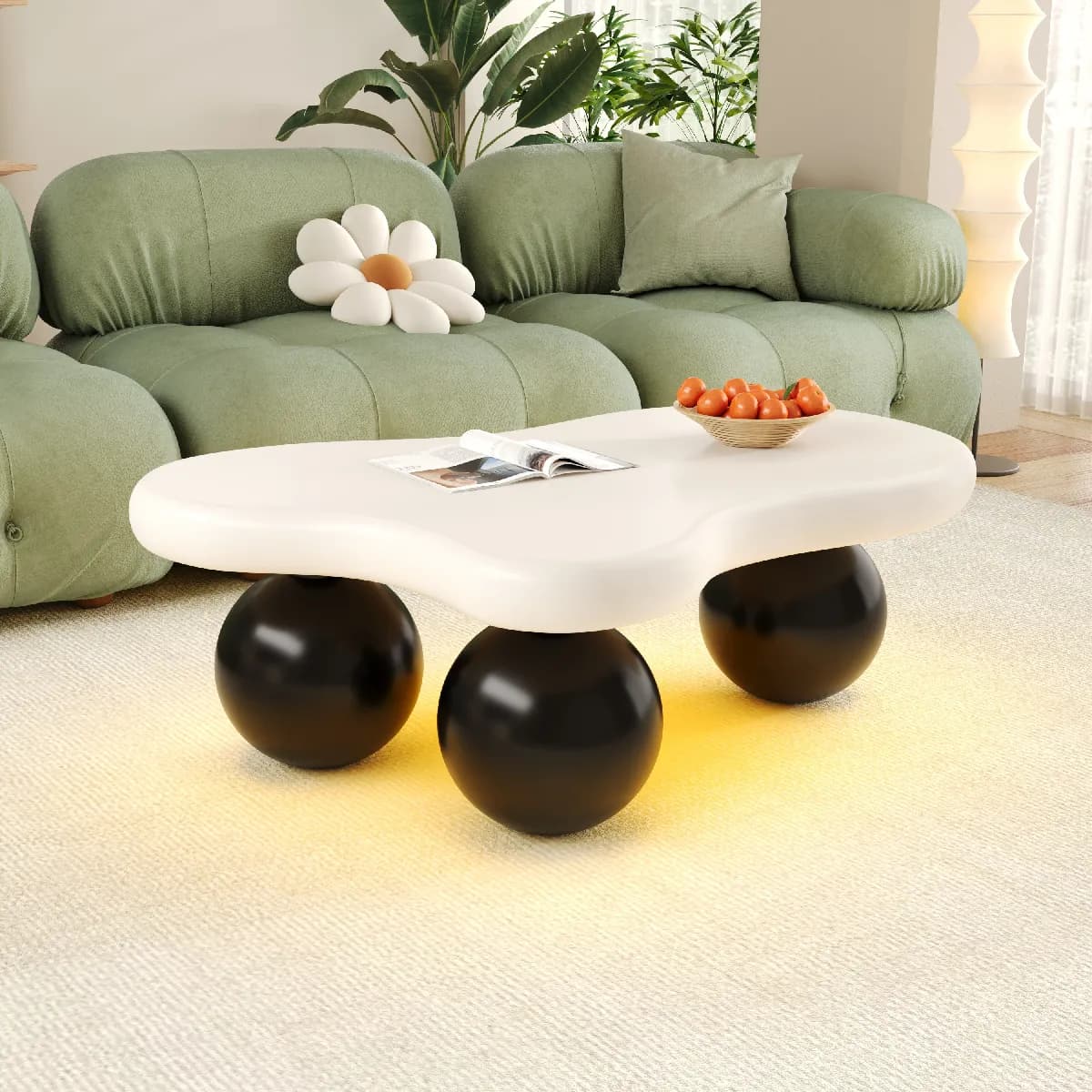 Table basse style nuage avec LED, 16 couleurs, design rond, moderne et tendance pour salon ou chambre d’enfant.