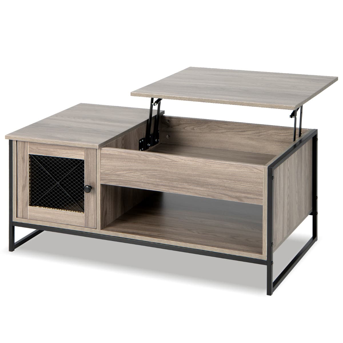 Table Basse avec Plateau Élévateur Pneumatique Compartiments Ouverts et 2 Casiers Conception à 2 Por